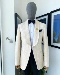 A “Mandarin” dispersed gold abd ivory ruffle pattern shawl lapel jacquard suit