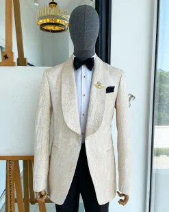 A “Mandarin” dispersed gold abd ivory ruffle pattern shawl lapel jacquard suit
