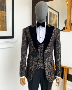 A “Mandarin” floral black and tortilla brown Peak Lapel with black soaked Italian velvet