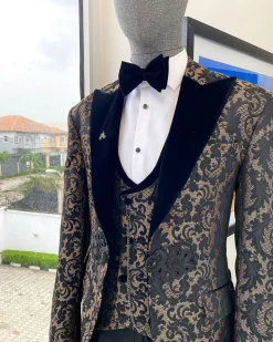 A “Mandarin” floral black and tortilla brown Peak Lapel with black soaked Italian velvet
