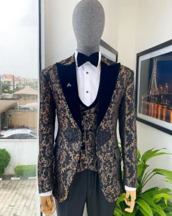 A “Mandarin” floral black and tortilla brown Peak Lapel with black soaked Italian velvet