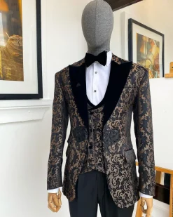 A “Mandarin” floral black and tortilla brown Peak Lapel with black soaked Italian velvet