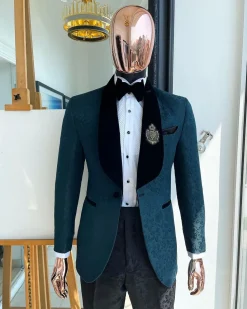A “Mandarin” floral Sacramento green shawl Lapel tuxedo suit