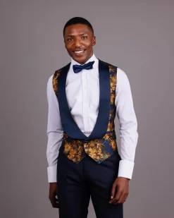 A “Mandarin” Gold And Navy Blue U-Shaped Shawl Lapel Floral Jacquard Tuxedo Waistcoat.