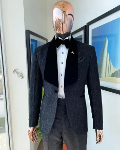 A “Mandarin” ocean element dispersed charcoal black ruffle pattern shawl lapel tuxedo jacquard suit