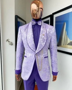 A “Mandarin” orchid purple and ivory floral pattern shawl lapel jacquard suit