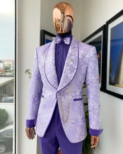 A “Mandarin” orchid purple and ivory floral pattern shawl lapel jacquard suit