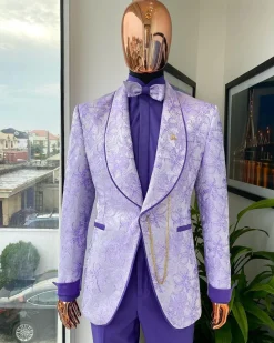 A “Mandarin” orchid purple and ivory floral pattern shawl lapel jacquard suit
