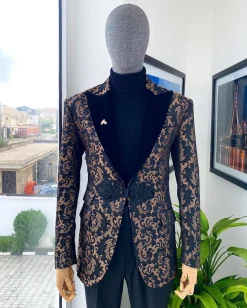 A “Mandarin” Peak Lapel with black soaked Italian velvet, Chinese button suit