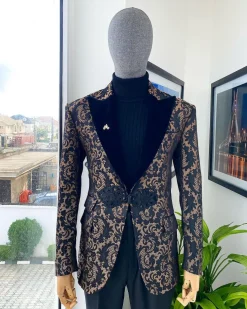 A “Mandarin” Peak Lapel with black soaked Italian velvet, Chinese button suit