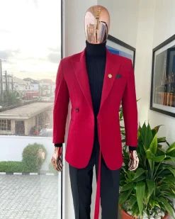 A Maroon Red Peak Lapel One Button, Rope Detailing Suit