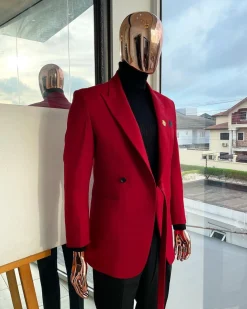 A Maroon Red Peak Lapel One Button, Rope Detailing Suit