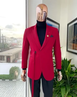A Maroon Red Peak Lapel One Button, Rope Detailing Suit