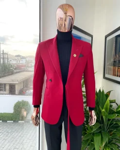 A Maroon Red Peak Lapel One Button, Rope Detailing Suit