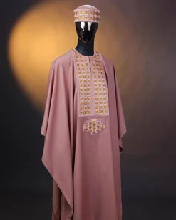 A Mauve, connected square embroidery design with matching gold Swarovski stone details agbada