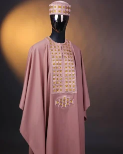 A Mauve, connected square embroidery design with matching gold Swarovski stone details agbada