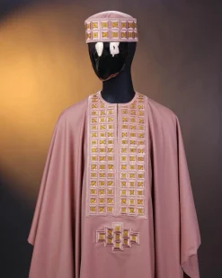 A Mauve, connected square embroidery design with matching gold Swarovski stone details agbada