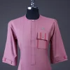 A Mauve, Front flap with silver Swarovski button, 3/4 sleeve with combat patch pocket details African senator kaftan native.