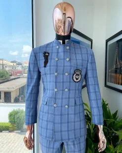A Maya and steel blue windowpane check “preacher” double breasted safari suit