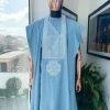 A Maya Blue, Undulating Connected Squares Embroidery Design Agbada