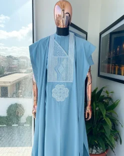 A Maya Blue, Undulating Connected Squares Embroidery Design Agbada