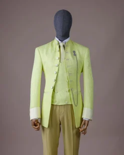 A “meta” floral jacquard, front cut tuxedo suit