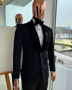 A Metallic coarse and floral pattern midnight blue jacquard tuxedo Suit.