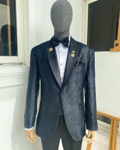 A Metallic Midnight blue and black broom pattern jacquard shawl lapel tuxedo suit