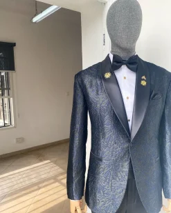 A Metallic Midnight blue and black broom pattern jacquard shawl lapel tuxedo suit