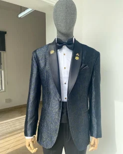 A Metallic Midnight blue and black broom pattern jacquard shawl lapel tuxedo suit