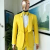 A Middle yellow linen shawl lapel jacket, cross cut unbalanced wrapped waistcoat, bow tie & Gurkha pant Trouser