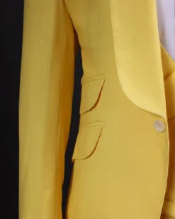 A Middle yellow linen shawl lapel jacket, cross cut unbalanced wrapped waistcoat, bow tie & Gurkha pant Trouser