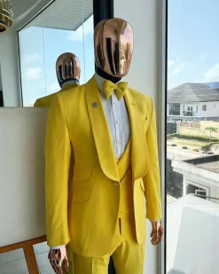 A Middle yellow linen shawl lapel jacket, cross cut unbalanced wrapped waistcoat, bow tie & Gurkha pant Trouser
