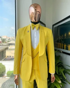 A Middle yellow linen shawl lapel jacket, cross cut unbalanced wrapped waistcoat, bow tie & Gurkha pant Trouser