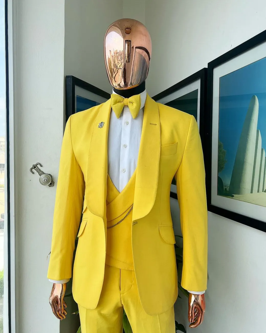 A Middle yellow linen shawl lapel jacket, cross cut unbalanced wrapped waistcoat, bow tie & Gurkha pant Trouser