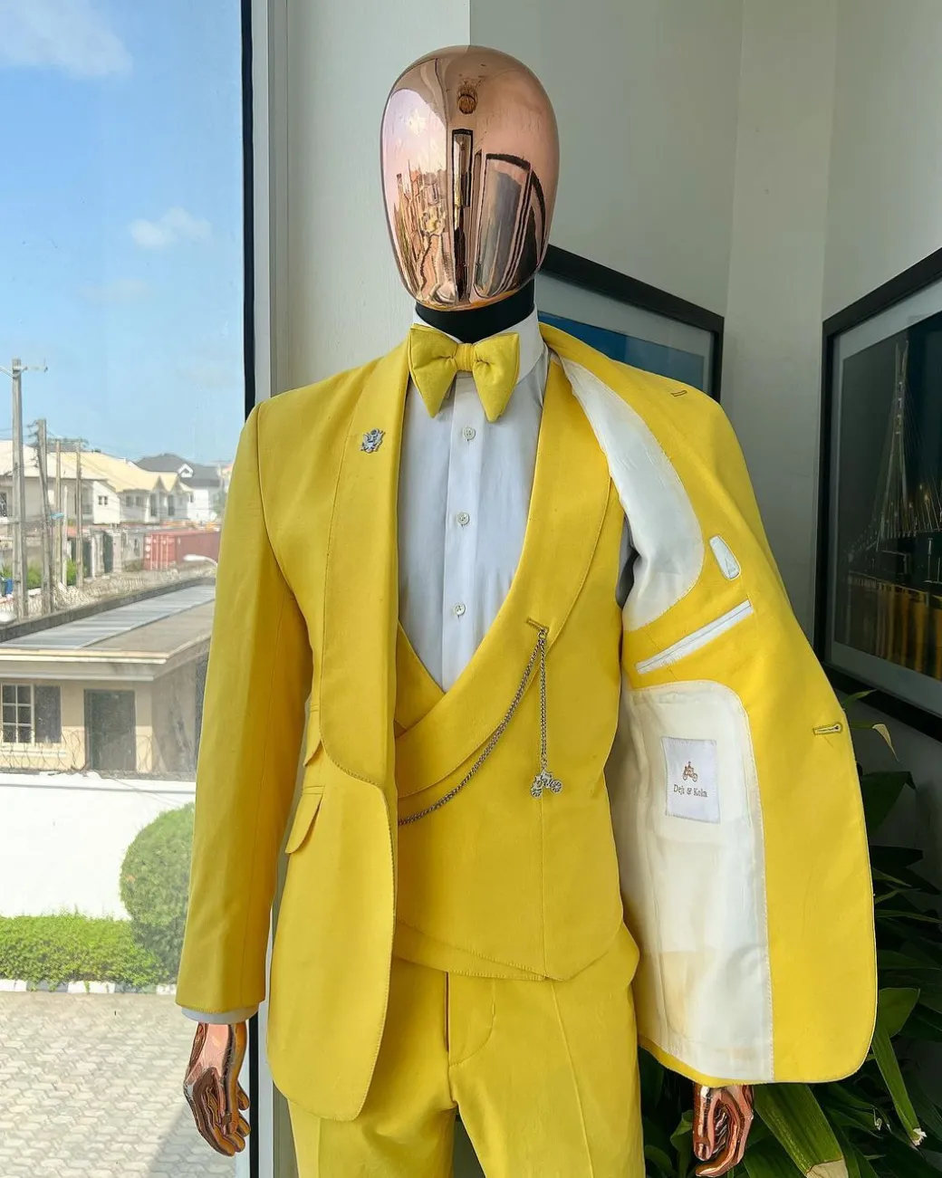 A Middle yellow linen shawl lapel jacket, cross cut unbalanced wrapped waistcoat, bow tie & Gurkha pant Trouser