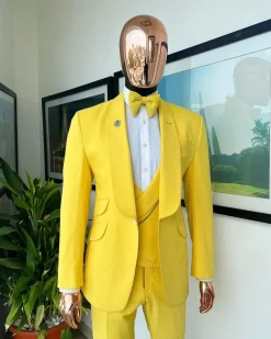 A Middle yellow linen shawl lapel jacket, cross cut unbalanced wrapped waistcoat, bow tie & Gurkha pant Trouser