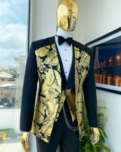 A Mid-mix cut charcoal black and gold floral metallic “Mandarin” lapel-less blazer jacquard suit