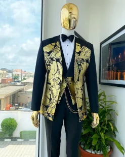 A Mid-mix cut charcoal black and gold floral metallic “Mandarin” lapel-less blazer jacquard suit