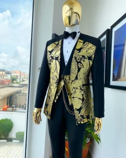A Mid-mix cut charcoal black and gold floral metallic “Mandarin” lapel-less blazer jacquard suit