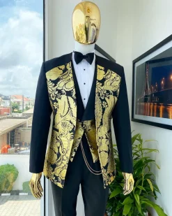 A Mid-mix cut charcoal black and gold floral metallic “Mandarin” lapel-less blazer jacquard suit