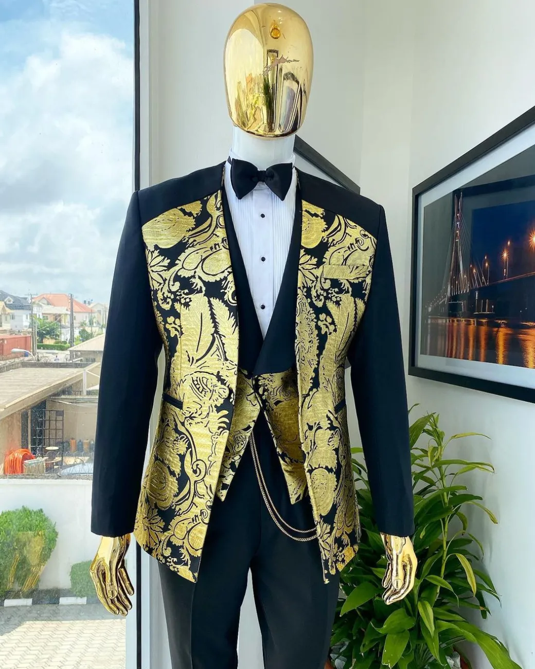 A Mid-mix cut charcoal black and gold floral metallic “Mandarin” lapel-less blazer jacquard suit