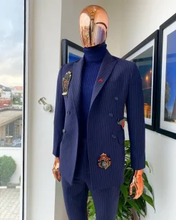 A Midnight Blue and Red Stripe Double Breasted Blazer Suit.