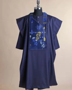 A Midnight blue, arrow and floral metallic wire embroidery design, blue and silver Swarovski stone details agbada