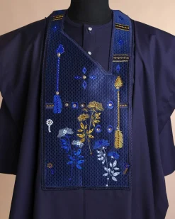 A Midnight blue, arrow and floral metallic wire embroidery design, blue and silver Swarovski stone details agbada