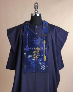 A Midnight blue, arrow and floral metallic wire embroidery design, blue and silver Swarovski stone details agbada