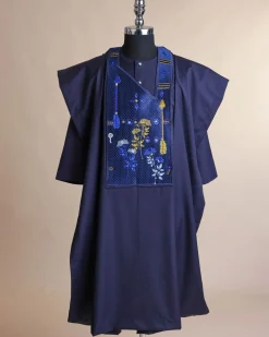 A Midnight blue, arrow and floral metallic wire embroidery design, blue and silver Swarovski stone details agbada