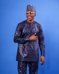 A Midnight Blue Bishop Neck, Side Fflap Embroidery, Front Flap, Long-Sleeve African Senator Kaftan Native.