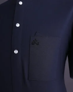 A Midnight blue, brown Aaron wool, front flap with silver Swarovski button, shorts sleeve African senator kaftan native.