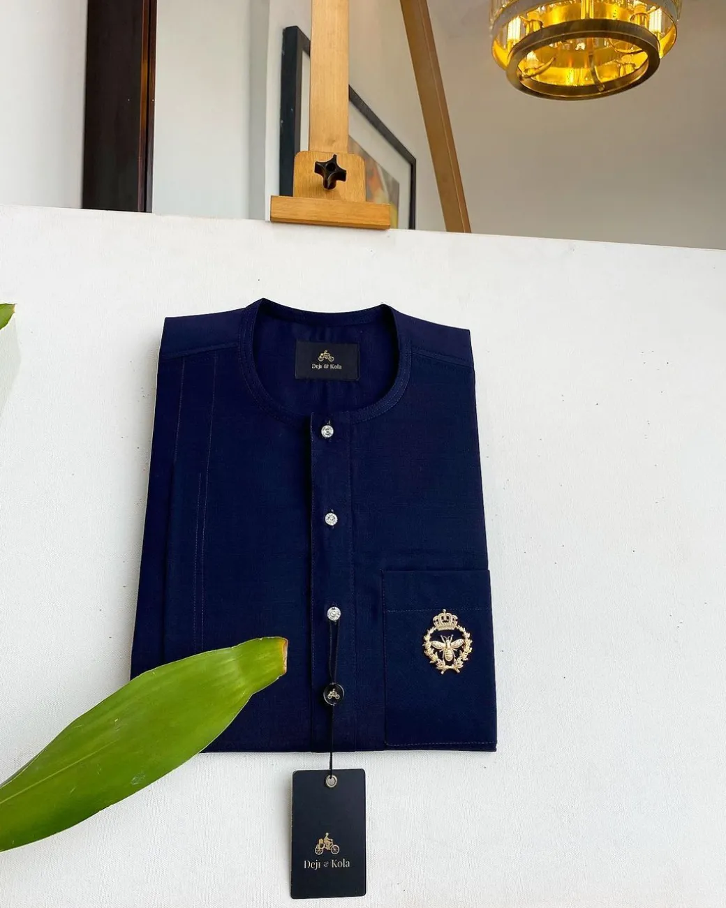 A Midnight Blue, clear view silver Swarovski buttons, gold bee adornment green pocket details African traditional senator kaftan native.